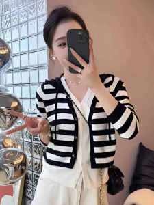 Stripes Hooded Knitwear Sweater Top Women 2024 Spring & Fall New Lazy Wind Fake Two-Piece Short Sweater Cardigan