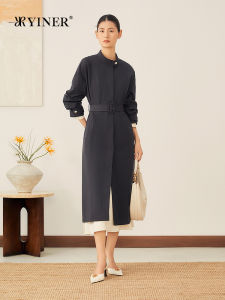 French Style Utility Small Collar Long Belted Jacket Womens