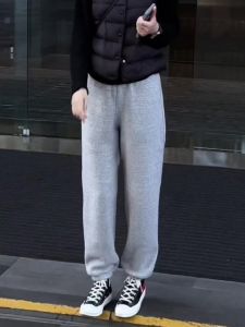 Gray Fleece Lined Thickened Sweatpants Womens Winter New Elastic Loose Fashion Anti Aging Straight Leg Sports Cuffed Pants