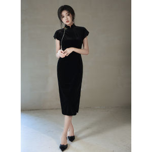 Retro Black Silk Velvet Cheongsam Slimming