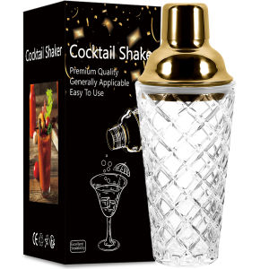 Glass Cocktail Shaker Woven Texture Glass Stainless Steel Lid Cocktail Glass with Leak-Proof Metal Steel Lid and Strainer