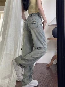 .Ripped Pocket High Waist Straight Leg Denim Jeans Women Retro Weathered Skinny Long Pants Wide Leg Dramatic Blue Casual Tops Skins Shirts