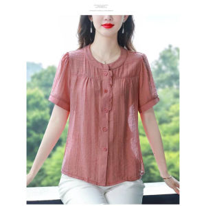 HUAXUNRAN | Cotton Linen Short Sleeve T-shirt & Blouse for Middle-aged Women Thin Style Large Size