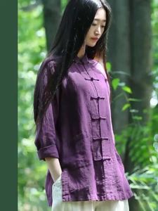 221High-End Long Sleeve Cotton Linen Womens Pure Color on-Up Shirt Sand Washed R Zen Chinese Style Top Womens Fashion