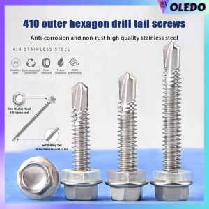 50/100Pcs 410 Stainless Steel Self-Drilling TEK Screws 12 Hex Head Self-Drilling Screws for Metal
