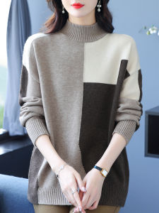 Woolen Sweater Half Turtleneck Color Matching Sweater Womens Fall and Winter New Mothers Clothes Loose Western Style Inner Wear Knitting Bottoming Shirt Thick