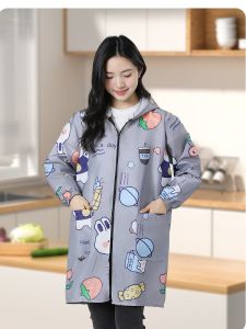 New Adult Womens Waterproof Apron Cute Kitchen Workwear Fashionable Long Sleeve Outerwear Coverall Polyester Fiber Bear Cartoon
