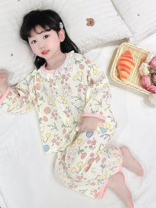 Girls Cotton Pajamas Long Sleeve Thin Yarn Cardigan Home Clothes Spring Autumn Cute Style Breathable Moisture Wicking round Neck Single Button