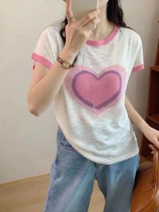 Áo Thun Cotton Mùa Hè Thiết Kế in Hình Trái Tim Thời Trang Dành Cho Nữ Tay Ngắn Mỏng Đa Năng Chất Liệu Tre Mỏng Thường Ngày