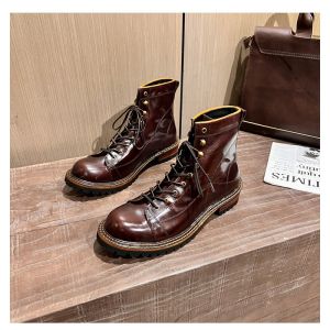 Retro Martin Boots Mens High Top British Style Genuine Leather Shoes Harley Motorcycle Boots Paratrooper Work Boots
