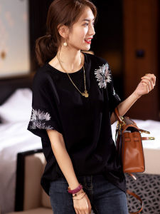 Áo Thun Nữ Dáng Rộng Tay Ngắn Mùa Hè 2024 Áo Thun Cotton Pha Trộn Lụa Sáng Có Họa Tiết Ngôi Sao Thời Trang Thường Ngày