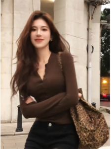 Caramel Long Sleeve V-neck T-shirt Womens Slim Fit Base Shirt Hot Girl Top Design Sensation Autumn Collection Fashionable Casual Wear