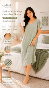 QMissLin QML-0069 Polka Dot Scallop Comfort Dress Womens Milk Silk Lounge Dress Soft Breathable Homewear Sleepwear Nightgown
