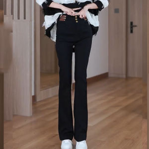 High Waist Bell Bottom Pants Womens Casual Elastic Black Slimming Fashionable Commute Style Korean Version Long Trousers