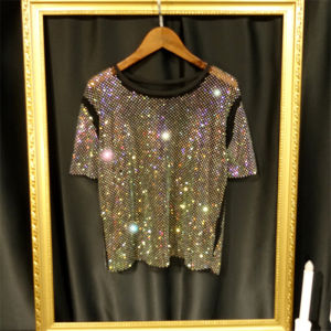 Ladys Rhinestone T-shirt Summer New Shiny Charming Short Sleeve Hollow Out Micro Transparent Fashion Casual Straight Top 5020