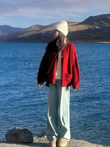 Soft Cozy Christmas Red Knitted Sweater Cardigan Womens Loose Lazy Style High-End Feel Outerwear Top Commute Korean Style