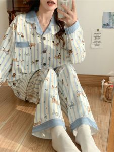 plus Size Womens Sleepwear Long Sleeve Striped Cartoon Home Clothes Set Comfortable Knitted Cotton Fabric Lightweight Spring Autumn