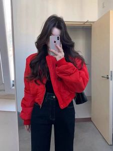 Red Winter Duck down Jacket Womens Baseball Style Short Coat Diamond Pattern Cotton Shirt Jacket Thickened Memory Fabric