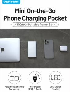 Vention 4800mAh Sạc Dự Phòng Mini 22.5W - Dây Type-C & Lightning Liền - Màn Số LED - Siêu Nhỏ Gọn - Sạc Khẩn Cấp Cho iPhone & Android - Hàng Chính Hãng