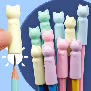 10/5Pcs 2 In 1 Erasers Pencil Top Cap School Office Stationery Supplies Cartoon Cat Shape Pencil Nib Protective Cover
