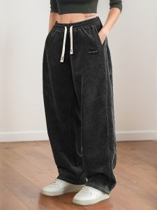 Womens Corduroy Pants Texture Straight-Leg Trousers with Drawstring Waist & White Piping - All-Season Casual to Semi-Formal