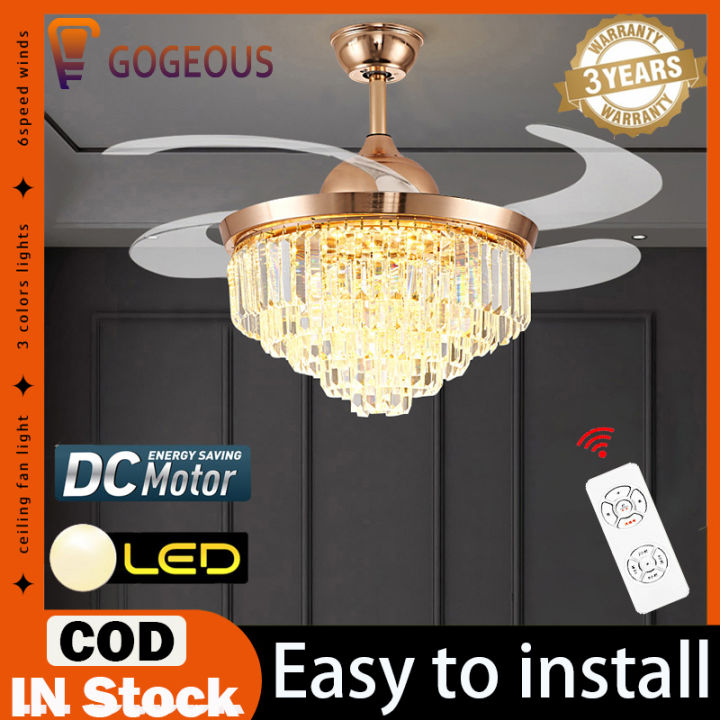 GOGEOUS 42inch modern crystal ceiling fan with light with remote 3 ...