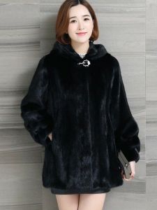 เสื้อโค้ทผ้าขนแกะปลอมแบบยาวปานกลางสำหรับผู้หญิง พร้อมฮู้ด ทรงหลวม สวมใส่สบาย เสื้อโค้ท PU ฤดูใบไม้ร่วง 2020