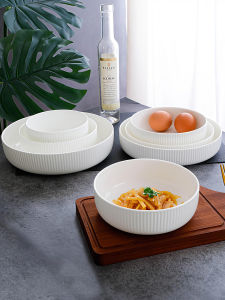White Vertical Stripe Bone China Deep Dish Home Use Steamed Dish Plate Egg Steamer Microwave Safe Minimalist Premium Feeling