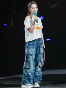 Wide Leg Denim Jeans Womens Heavy Wash Casual Straight Long Pants Multi Pocket Design Loose Fit Trousers for Young Women