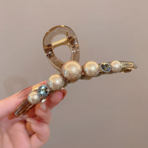 Autumn Winter Large Size Pearl Rhinestone Hair Claw Womens Back of Head Bun Clip Stylish Hair Accessories in Brown Color