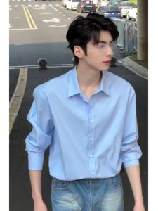 Áo Sơ Mi Nam Dài Tay Màu Xanh Da Trời Thường Ngày Mùa Hè Dáng Rộng Không Cần Ủi Áo Khoác Ngoài Bên Trong Áo Dài Tay