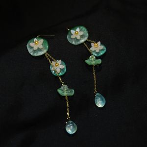 Original Ancient Chinese Style Lotus Leaf Hair Accessory Set with Tassels in Green for Hanfu Hair Crowns and Headwear