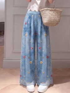 HUANJI | Summer Plus Size Breathable Blue Floral Embroidered Loose Flared Pants