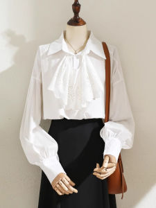 เสื้อเชิ้ตคอปุ่มแขนยาวผู้หญิงสีขาวสไตล์เกาหลีฤดูใบไม้ร่วง/ฤดูหนาว เสื้อเชิ้ตแขนพองชั้นในลายดอกไม้สำหรับผู้หญิงไซส์เล็ก