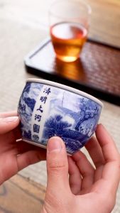 Chén Sứ Cảnh Đức Trấn Vẽ Tay Thủ Công Họa Tiết Thanh Minh Thượng Hà Đồ 130 ml Lòng Chén Dát Vàng 24K