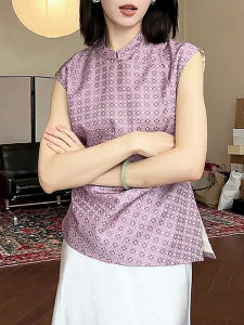 Elegant Purple Asymmetrical Sleeveless Stand Collar Summer Shirt for plus Size Women Stylish Gentle Fashion Korean Style Top