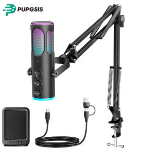PUPGSIS Gaming USB Microphone Noise Cancellation Condenser Mic with Mute Gain RGB Lights Boom Arm Stand for Streaming PC