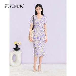 YINER | Summer New Elegance V-Neck Vacation Style Artistic Print Tie Waist Dress