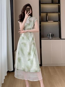 Elegant Green Chiffon Qipao Dress Womens Summer 2025 New Style Slimming Long Skirtish Short Sleeve Polyester Fiber Zipper