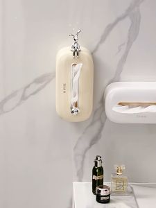 OnlineStore กล่องเก็บของผ้าขนหนูโฟมล้างหน้าสไตล์ครีมที่แขวนผนังห้องน้ำกล่องกระดาษดูดไม่เจาะกันน้ำ