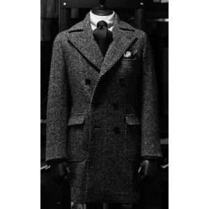 Mens Suit Long Jacket Dark Grey Herringbone Double Breasted Wedding Casual Slim Fit Man Suit Blazer Luxury Man Set Coat for Men