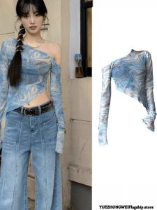 chaqi | Áo thun nữ cổ chữ V tay dài ôm vừa vặn mùa hè phong cách Mỹ cổ điển không đều