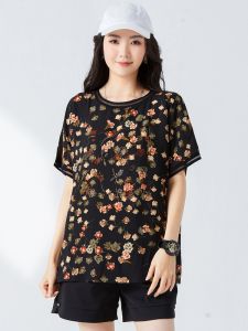 Plus Size Womens Clothing Summer 100.00kg Plus Size Ladies Western Style Fashion Floral Tops Fat Sister Loose Slim Looking Short Sleeve T-shirt