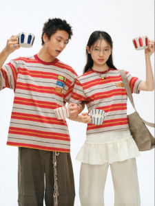 JNXS | Áo Thun Cặp Cổ Tròn Tay Ngắn Form Rộng Sọc Vintage Cotton Mùa Hè