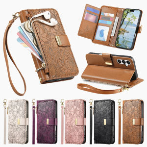 เคสโทรศัพท์หนัง PU ลายดอกไม้ สำหรับ Samsung Galaxy S25 Plus S24 S23 Ultra S22 S25+ แบบพับได้ มีช่องใส่บัตร ซิป กระเป๋าสตางค์ พร้อมสายคล้อง