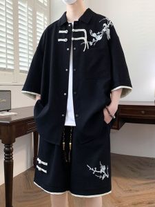 Áo Sơ Mi Nam Ngắn Tay Phong Cách Trung Quốc Mới Và Bộ Quần Short Quần Đùi Mùa Hè Thời Trang Thương Hiệu Cao Cấp Cảm Giác Hai Mảnh Bộ Phong Cách Quốc Gia Truyền Thống Thoải Mái Biểu Diễn Đồ Thể Thao