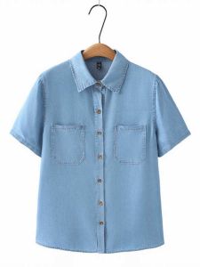 เสื้อเชิ้ตยีนส์ลินินหลวมๆ แขนสั้นสไตล์วินเทจสำหรับผู้หญิง ทรงหลวม ทรงปกติ คอโปโล แขนสั้น สีพื้น ฤดูร้อน 2024