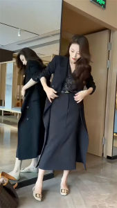 เสื้อคลุมยาวคลุมเข่าสไตล์ฮิปซี 2023 ฤดูใบไม้ร่วง แฟชั่นสุดเก๋ ทรงสลิมฟิต ทรงหลวม แขนยาว ปกเสื้อคลุม