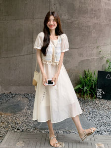 YINLUOYA | Vacation Style Hollow Out Womens Dress Set Summer New High Waist A-Line Skirt Short Sleeve Round Neck Two-Piece Suit