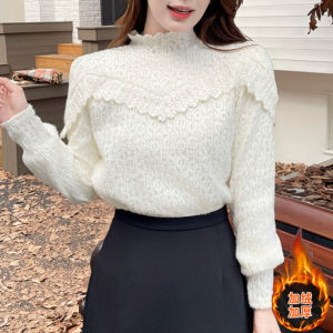 เสื้อเชิ้ตคอปกสูงแบบครึ่งตัวผ้าลูกไม้สำหรับผู้หญิง ฤดูใบไม้ผลิ ฤดูใบไม้ร่วง ฤดูหนาว เสื้อชั้นในแขนยาวหนาป้องกันความร้อน เสื้อชั้นในสุดเก๋